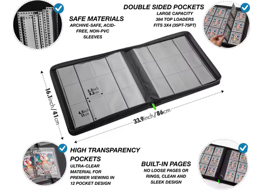 12 Pocket Trading Card Binder for Toploaders – Holds 384 Cards – PU Leather Zipper Binder – Side Loading – Pokémon, MTG, Sports Cards