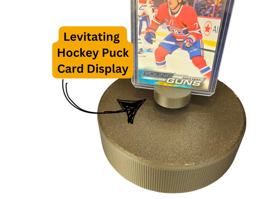 Levitating magnetic sports card display, Hockey Puck Magnetic Card Display, Magnetic Gadgets, Cool Sports Card Stand
