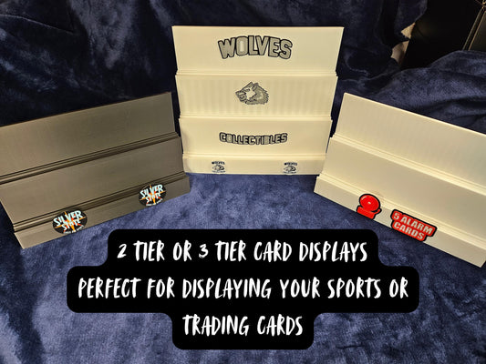 Trading Card Holder Display Stand Personalized Custom Logo for Rips, Breaks, Live Streams, and Product Photos, 2 tier or 3 tier card stands