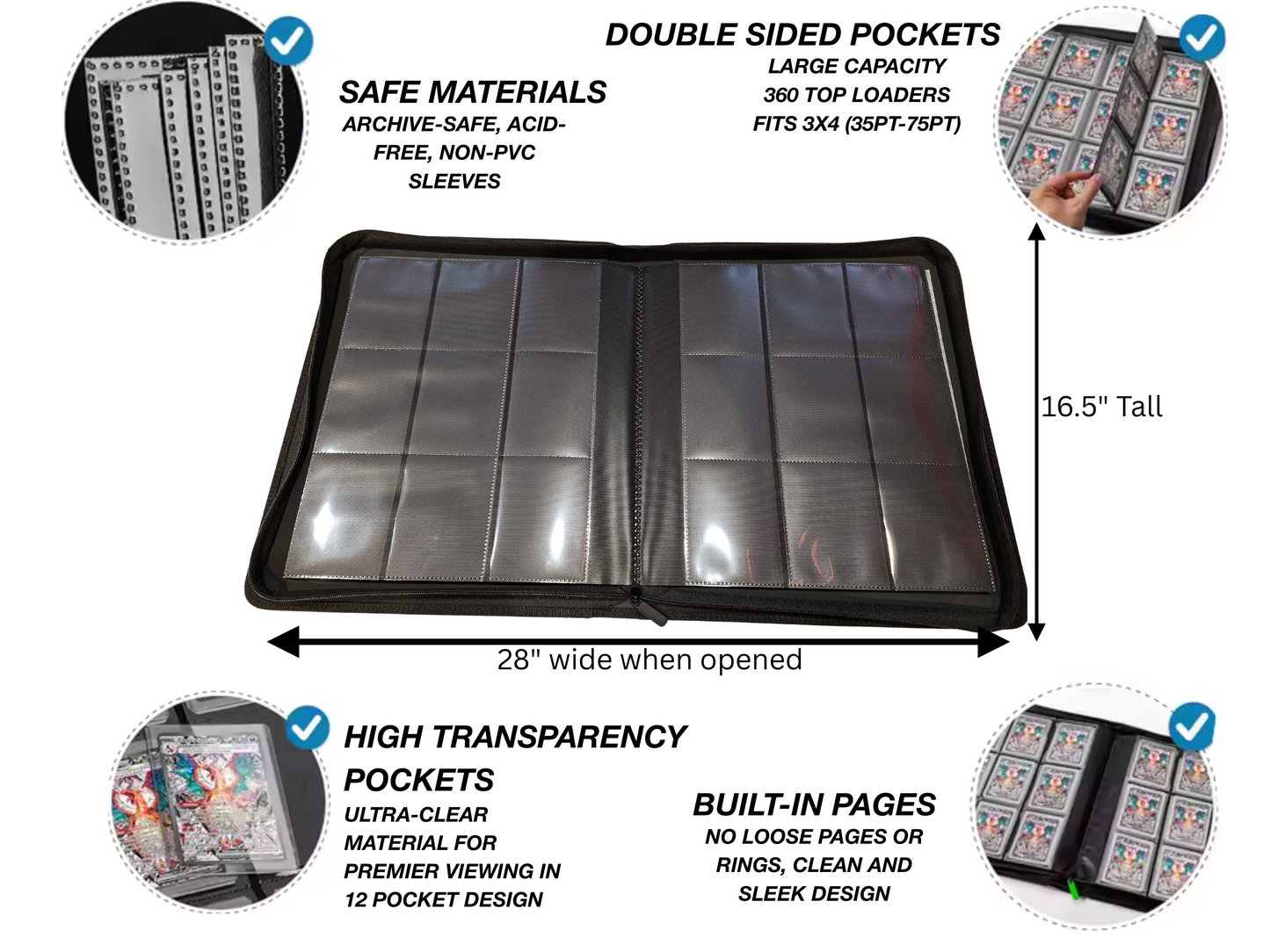 9 Pocket Trading Card Binder for Toploaders – Holds 360 Cards – PU Leather Zipper Binder – Side Loading – Pokémon, MTG, Sports Cards